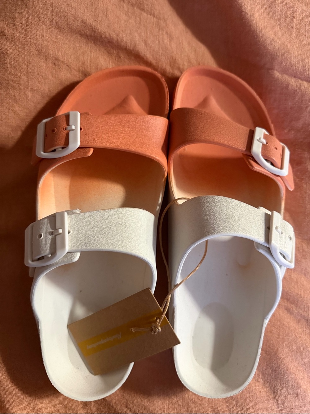 Women’s Two-Tone Slide Sandals in White and Coral